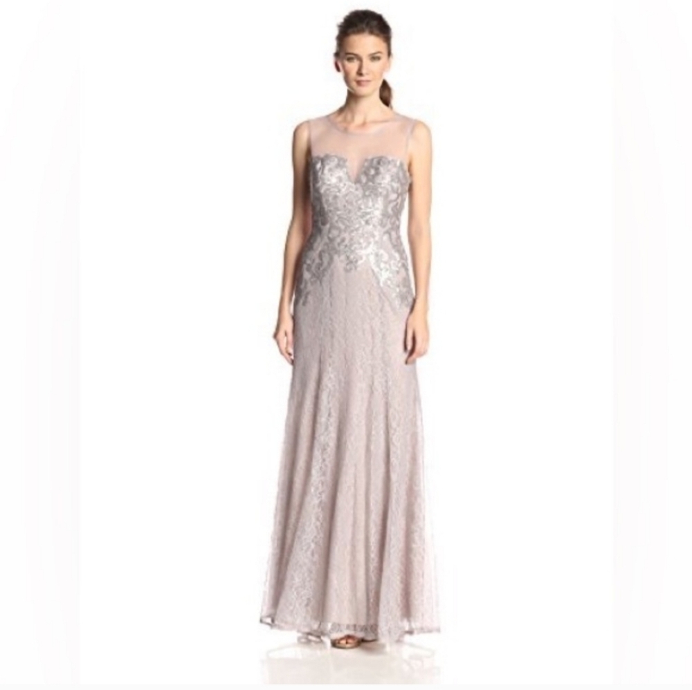 BCBG Max Azaria Julea Illusion Neck Silver/ Gray Evening Gown Sz 0